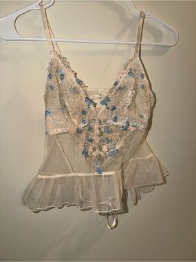 Victoria’s Secret Sheer Cream Lace Camisole with Blue Floral Embroidery